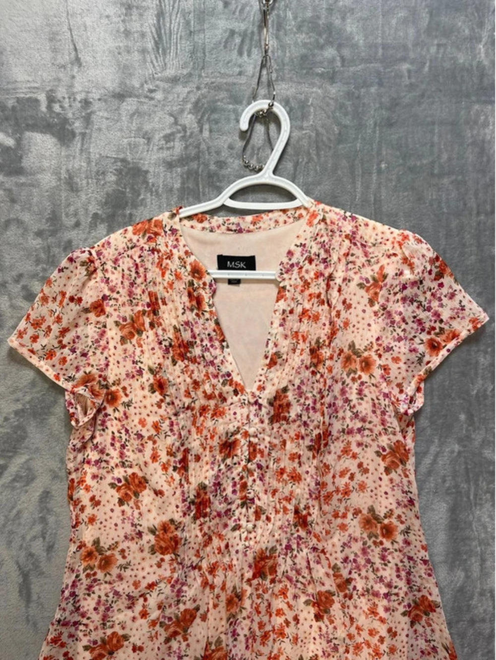 MSK Womens Floral Dress Size 12 Peach Orange Chiffon Pleated V Neck Short Sleeve - Picture 3 of 11